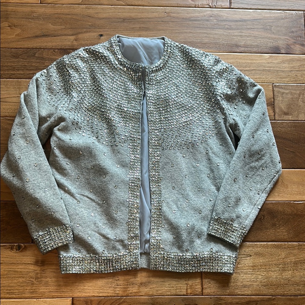 Vtg grey wool embellished cardigan sweater
